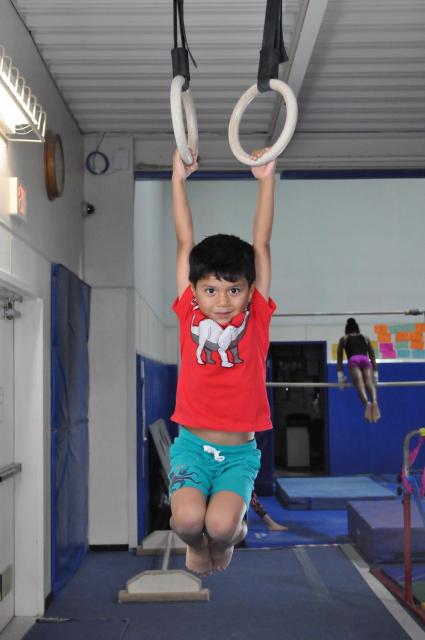 Boy hangs on the gymnastics rings