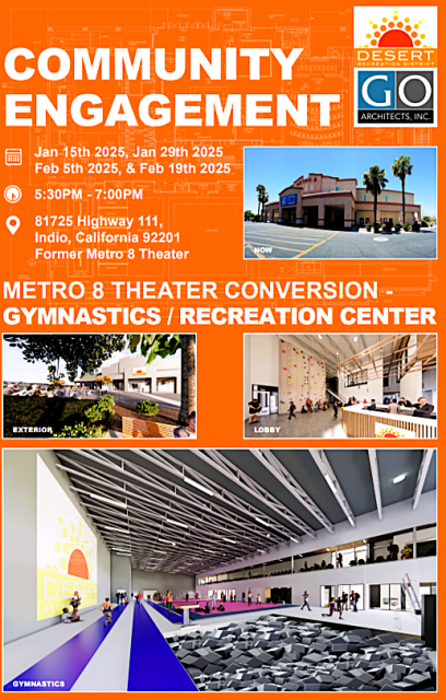 Flyer for public meeting with Indio Community on the Metro-8 Theater